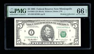 DBR 1995 $5 FRN Minneapolis Gem Fr. 1985-I PMG 66 EPQ Serial I59149700A - Picture 1 of 2