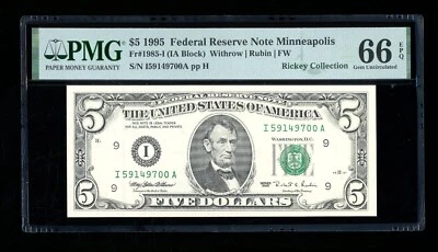 DBR 1995 $5 FRN Minneapolis Gem Fr. 1985-I PMG 66 EPQ Serial I59149700A - Image 1 of 2