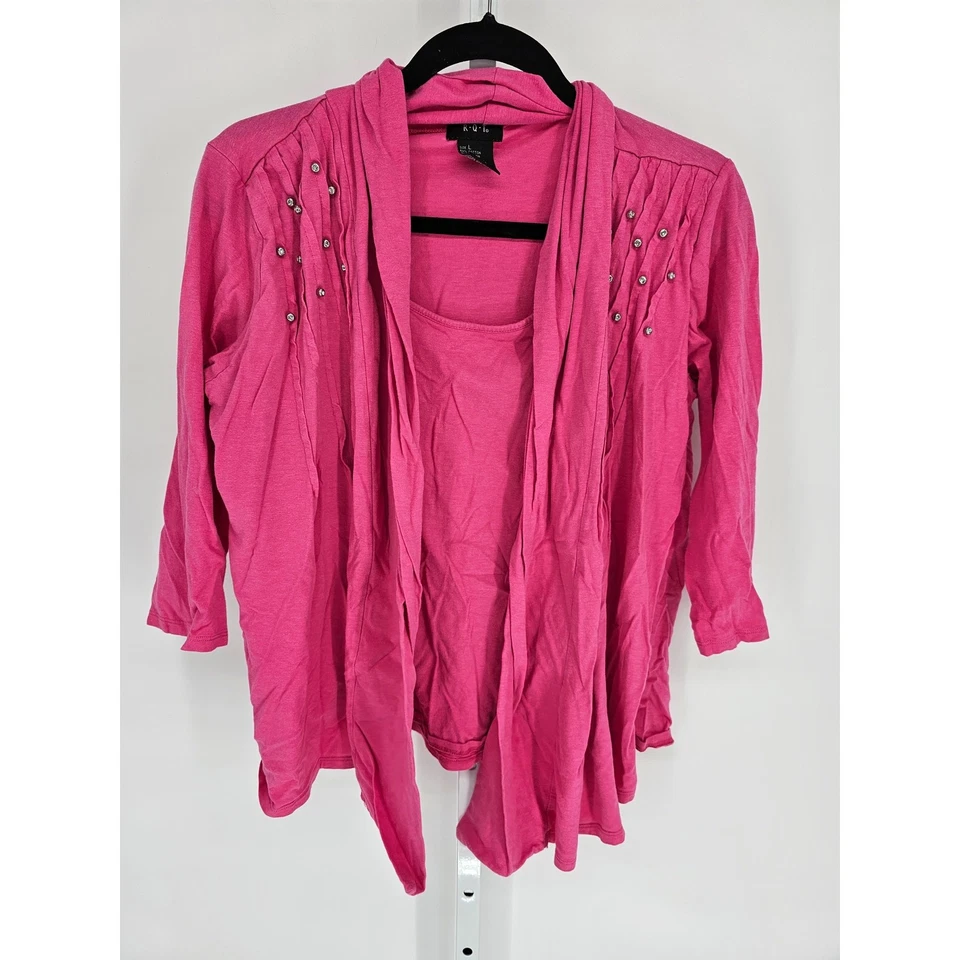 Top para mujer R.Q.T rosa manga larga frente abierto algodón-rayón talla L Foto 1 de 4