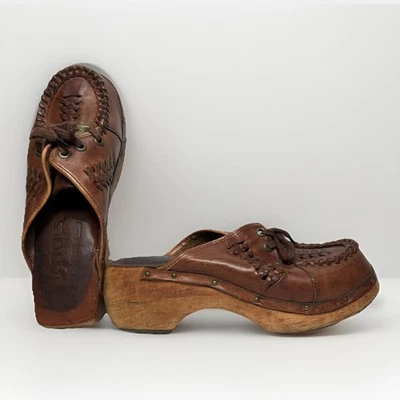 VTG Fanfares Leather Wooden Clogs Hippie 70s Slip-On Platforms Woven Shoes Sz 7M - Image 1 of 4