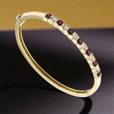 1.50 Cts F/VS1 Round Brilliant Cut Diamonds Ruby Bangle Bracelet 14K Yellow Gold - Image 1 of 4