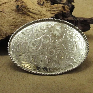 Vintage Sterlingsilber oval graviert Rodeo Stil Schnalle Sonnenuntergang Trails Marke - Bild 1 von 6