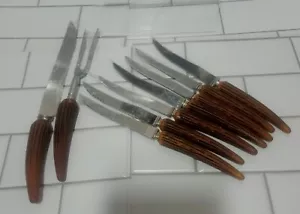 Regent Sheffield Regal Crest Faux Antler 7 Steak Knifes 2 Serving Pieces Vintage - Picture 1 of 4
