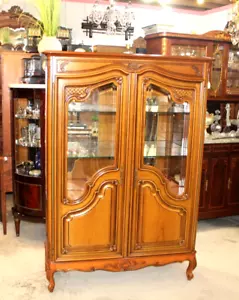 French Louis XV Cherry Display Cabinet | Antique Glass Shelves & Carving - Picture 1 of 8