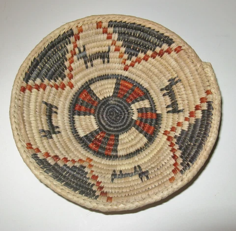 Vintage Southwestern Native American Basket with Animal Designs 7 1/2" Cover