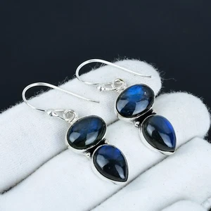 Blue Flashy Labradorite Gemstone 925 Sterling Silver Handmade Earrings Love Gift - Picture 1 of 4