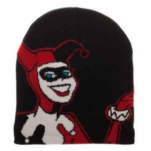 Harley Quinn Jacquard Knit Slouch Beanie Hat Cap DC Comics Black Winter Batman - Picture 1 of 2