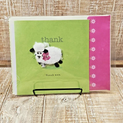 Paper Magic Thank You Greeting Card Sheep Fuzzy Ewe Green White Pink - Image 1 of 4