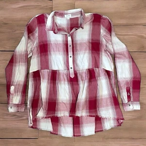 True Craft Shirt Womens XL Red White Plaid Cropped Long Sleeve Fringe Flannel - Picture 1 of 11