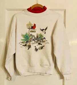 Vintage Morning Sun Whitton S Crewneck sweatshirt Cottage Grandma Birds Birdseed - Picture 1 of 12