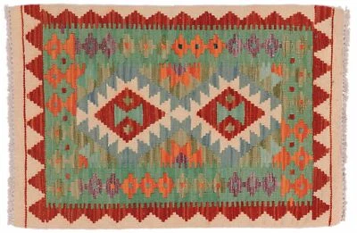 Afghan Maimana Kelim Teppich 60x90 Handgewebt Bunt Geometrisch Handarbeit 49 - Bild 1 von 4