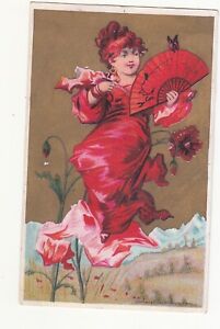 International Stamp Co West Gardiner MA Lady Red Dress Fan Vict Card c1880s