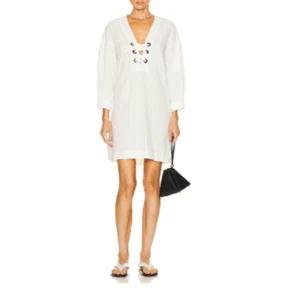 $600 ERES Nymphe Lace-Up Cotton-Seersucker Tunic White Resort Cover-up L/XL - Picture 1 of 14