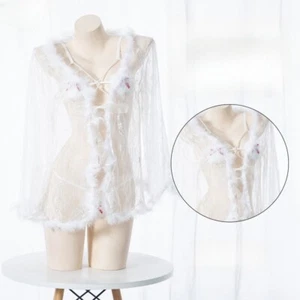 Women Sexy Mesh Pyjama Set Faux Fur Trim Gown Robe Pearl Bra Briefs Furry Erotic - Picture 1 of 9