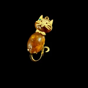 Vintage Signed HOBCO Cat Charm Pendant Gold Tone Faux Amber Body Missing Eye - Picture 1 of 2