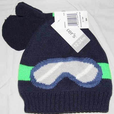 NEW CARTERS BABY BOYS HAT & MITTEN SET 0-9M 12-24M NAVY GREEN SKI GOGGLE DESIGN - Image 1 of 2