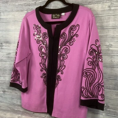 Bob Mackie Wearable Art Purple Black Sequin Lightweight Cardigan Size Large - Image 1 of 4
