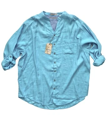 Camisa Caribe Azul Lino y Rayón Tonal Rayas Manga Larga Cuello Mandarín 2XB Foto 1 de 4