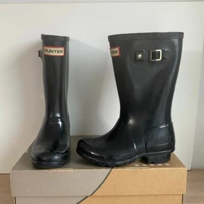 Hunter Original Negro Brillo Niños Botas de Lluvia Sin Cordones - EE. UU. 13 Niño/1 Niña Foto 1 de 4