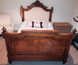 Antique french Louis XV walnut upholstered double bed - Picture 1 of 11