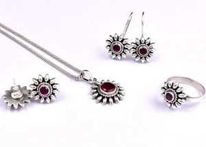 925 silver Handcrafted Ruby, Emerald, White Topaz Gems Pendant Necklace Earrings - Picture 1 of 17