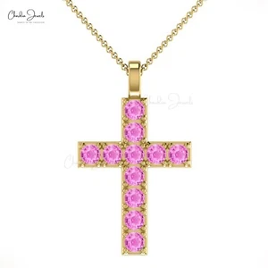 2mm Round Pink Sapphire Religious Cross Christmas Pendant 14k Pure Gold Jewelry - Picture 1 of 22