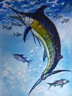Watercolor Painting Blue Ocean Fish Marlin Fishing Bait 5x7 Art
