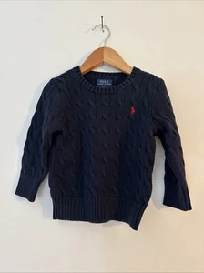 Polo Ralph Lauren Kids Sweater Navy Blue 2/2T Cable Knit Crewneck Red Pony - Picture 1 of 4