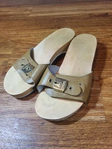 Dr Scholls Sandals Original Exercise Wooden Shoes Slides Beige Sz 6 - Picture 1 of 5