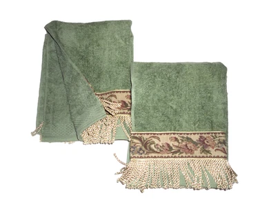 AVANTI MULBERRY GRE FLORAL TAPESTRY FRINGED (2P) HAND TOWELS SET 16X30 - Image 1 of 4
