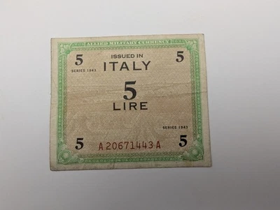 1943 5 Lira Allied Military Currency Note Circulated - Image 1 of 2