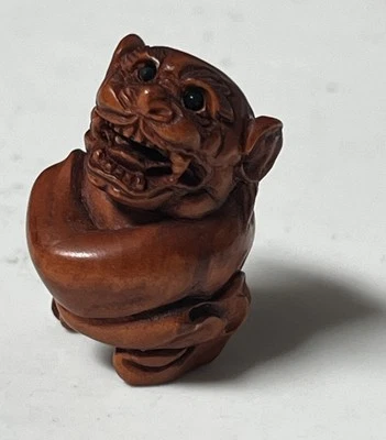 Vintage Japanese Wooden Netsuke Carved Foo Lion Pi Xiu Signed Toggle Inro Wood - Image 1 of 4