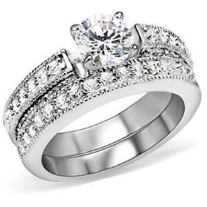 Silver ring set cz ladies wedding band engagement 2pcs size j, r, t new X016