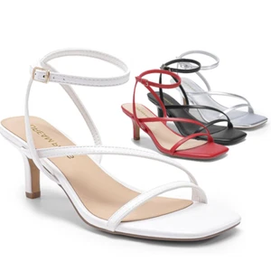Women Strappy Square Open Toe Ankle Strap Low Kitten Heel Party Dress Sandals - Picture 1 of 44