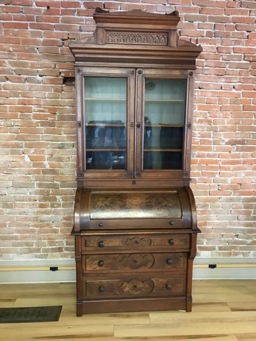Walnut Victorian Cylinder Roll Secretary Desk Bookcase. ON SALE Cover