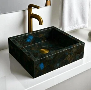 18" Square Labradorite Gemstone Sink – Luxury Crystal Hand Wash Basin for Decor - Picture 1 of 9