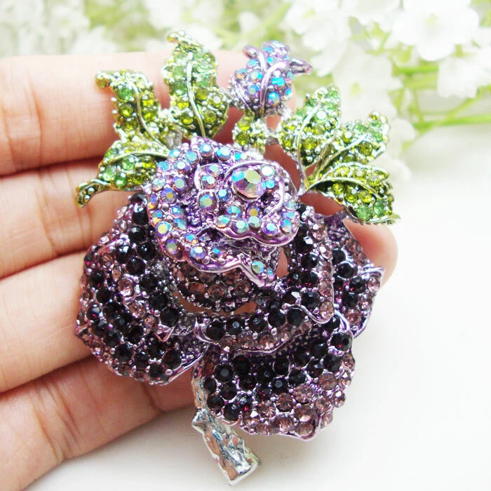 Broche prendedor mujer flor rosa cristal púrpura vintage joyería estrás  Foto 1 de 4