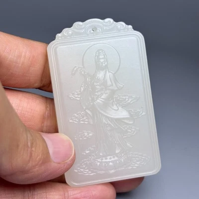 Colgante amuleto Buda Guanyin Kwan-yin de jade natural de China de 2,6"" A146 Foto 1 de 4