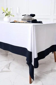 Solino Home Linen Square Tablecloth 52 x 52 Inch - 100% Pure Linen Navy and W... - Picture 1 of 8