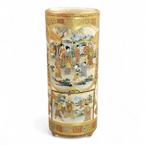 Meiji Japanese Satsuma cylindrical vase with samurai scenes, Shimazu mark - Picture 1 of 17