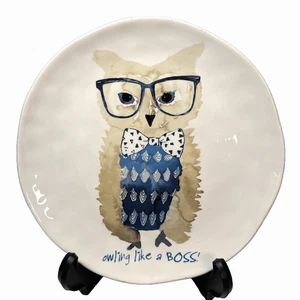 Pier 1 "Owling Like a Boss" Owl Ceramic Ironstone Salad Plate Whimsical Heavy - Picture 1 of 6