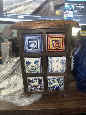 Apothecary 6 Hand Painted Ceramic Drawers Wooden Cabinet Tea Trinket Box Boho - Image 1 of 4