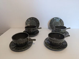 4x Tams Pottery Vintage 70s Soup Bowl Set retro green handles saucer + 2 plates - Picture 1 of 7