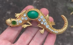 Vintage LIZARD Gecko KJL Kenneth Jay Lane? Spilla spilla verde strass grande 4" - Foto 1 di 8