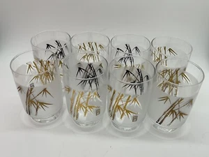 Set of 8 SASAKI Footed Tumblers Gold Bamboo on Frosted Glass MCM style - Picture 1 of 10