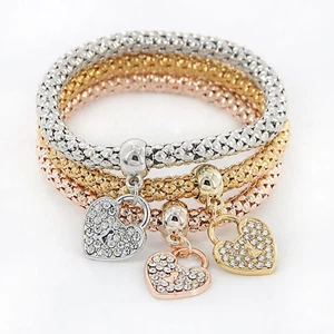 Women's Fashion Jewelry 3 Piece Silver Rose Gold Heart Bangle Bracelet 53-2 - Picture 1 of 12