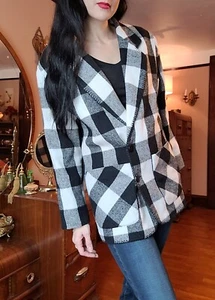 Vtg 90s B.E. Poland Black White Buffalo Plaid Check Womens Blazer Jacket Cardi M - Picture 1 of 7