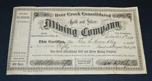 Deer Creek Consolidated Gold and Silver Mining Company 1872 stock certificate - Picture 1 of 1