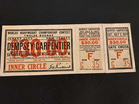 1921 JACK DEMPSEY VS CARPENTER HEAVYWEIGHT CHAMPIONSHIP BOXING (FULL TICKET)EXMT Cover