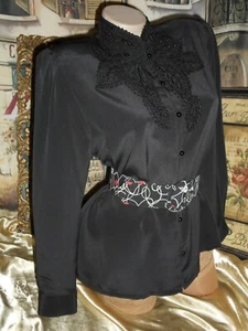 12P Blouse Black Vintage Long Sleeve Embroidered Beaded High Collar & Belt - Picture 1 of 11